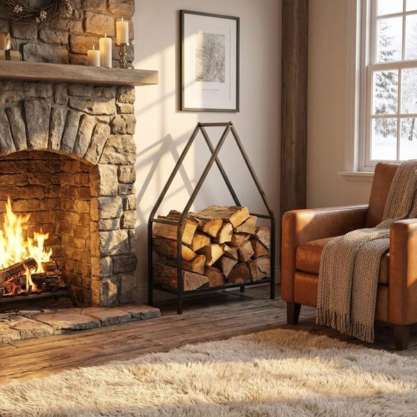 Elegante portalegna in metallo “Casa“ (50x32x80cm): supporto per legna da camino nero, conservazione della legna con stile e impilamento perfetto