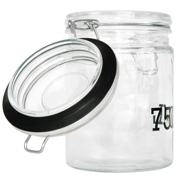 Drahtbügel-Vorratsglas 750 ml - Luftdicht für Müsli, Nudeln, Reis, Linsen - Glasbehälter mit Füllmengen-Aufdruck - Transparent/Schwarz, Ø 10x15 cm