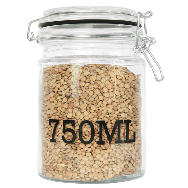 Drahtbügel-Vorratsglas 750 ml - Luftdicht für Müsli, Nudeln, Reis, Linsen - Glasbehälter mit Füllmengen-Aufdruck - Transparent/Schwarz, Ø 10x15 cm