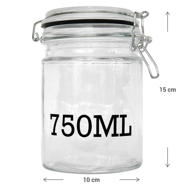 Drahtbügel-Vorratsglas 750 ml - Luftdicht für Müsli, Nudeln, Reis, Linsen - Glasbehälter mit Füllmengen-Aufdruck - Transparent/Schwarz, Ø 10x15 cm