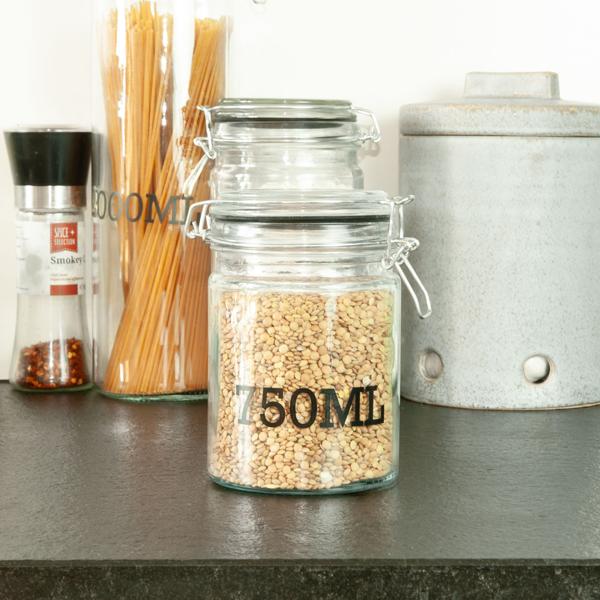Drahtbügel-Vorratsglas 750 ml - Luftdicht für Müsli, Nudeln, Reis, Linsen - Glasbehälter mit Füllmengen-Aufdruck - Transparent/Schwarz, Ø 10x15 cm