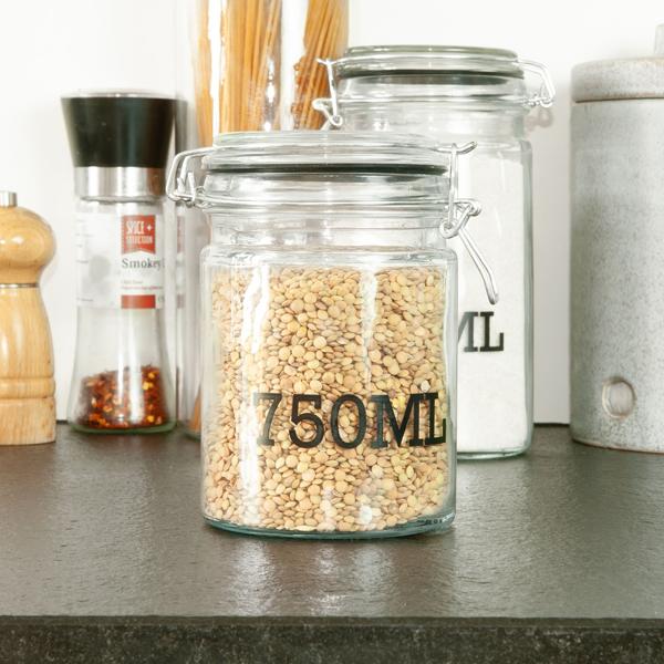 Drahtbügel-Vorratsglas 750 ml - Luftdicht für Müsli, Nudeln, Reis, Linsen - Glasbehälter mit Füllmengen-Aufdruck - Transparent/Schwarz, Ø 10x15 cm