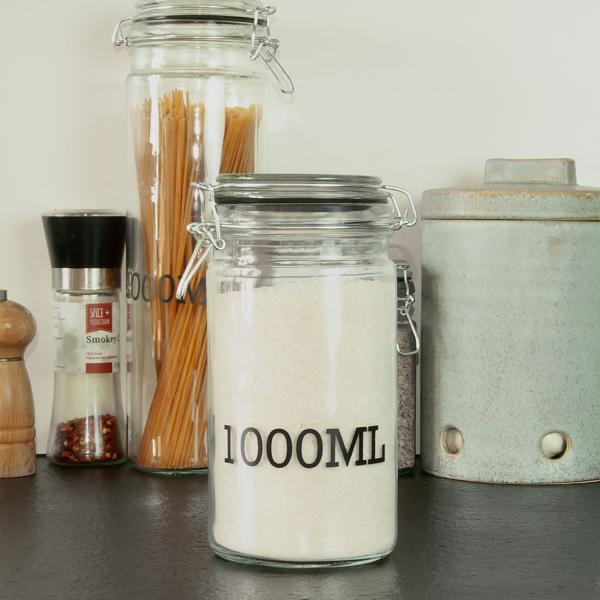 Drahtbügel-Vorratsglas 1000ml - Luftdichte Glasbehälter für Mehl, Zucker, Müsli, Nudeln & Reis - Transparenter Aufdruck für Füllmenge - 10x20cm