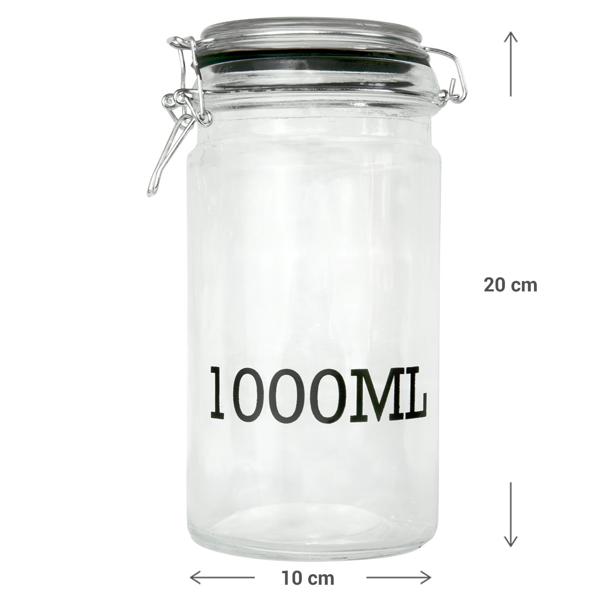 Drahtbügel-Vorratsglas 1000ml - Luftdichte Glasbehälter für Mehl, Zucker, Müsli, Nudeln & Reis - Transparenter Aufdruck für Füllmenge - 10x20cm