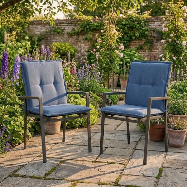 Set da 2 cuscini per sedia da giardino schienale basso – Imbottitura morbida e confortevole, blu cobalto, 105 x 50 cm – Protezione UV, con lacci e cintura, cuscino schienale basso