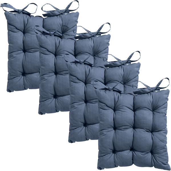 Set of 4 quilted chair cushions 46 x 46 cm cobalt – Comfortable seat cushions for kitchen and garden chairs – 8 cm thick – UV protection – With fastening ties