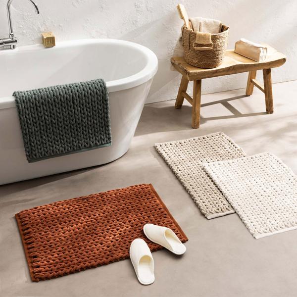 Premium bath mat 80x50 cm in sand – fluffy shower mat with textured knit look – non-slip cotton-blend bath rug