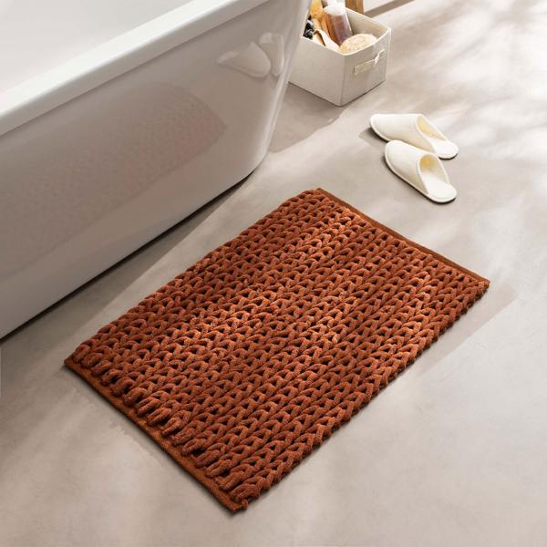 Premium Badmatte 80x50 cm in Terrakotta - Flauschiger Duschvorleger mit Relief-Strick-Optik - Rutschfester Badteppich aus Baumwollmix