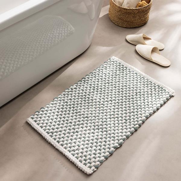 Bath mat 80x50 cm in green-white – soft chenille shower mat with knitted look – non-slip bath rug with cotton content