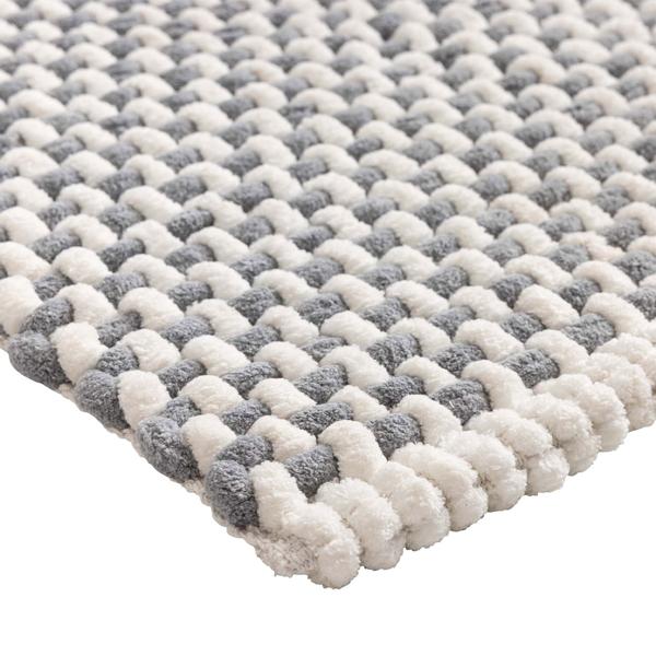 Badmatte 80x50 cm in Grau-Weiss - Weicher Duschvorleger aus Chenille-Gewebe in Strick-Optik - Rutschfester Badteppich mit Baumwoll-Anteil