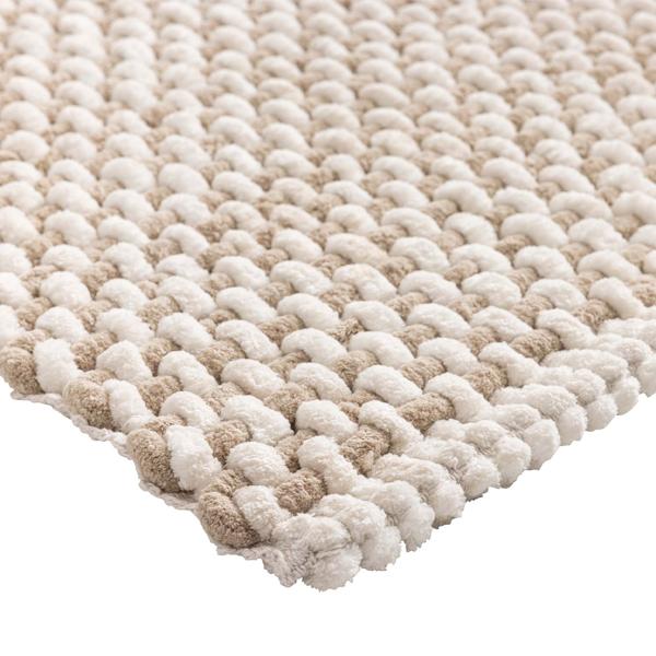 Badmatte 80x50 cm in Beige-Weiss - Weicher Duschvorleger aus Chenille-Gewebe in Strick-Optik - Rutschfester Badteppich mit Baumwoll-Anteil