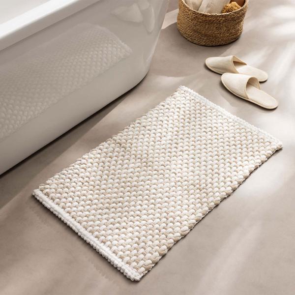 Badmatte 80x50 cm in Beige-Weiss - Weicher Duschvorleger aus Chenille-Gewebe in Strick-Optik - Rutschfester Badteppich mit Baumwoll-Anteil