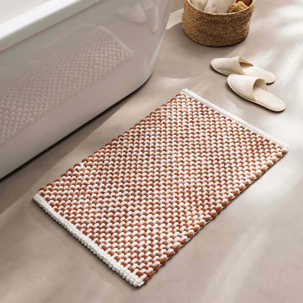 Bath mat 80x50 cm in terracotta-white – soft chenille shower mat in knitted look – non-slip bath rug with cotton content