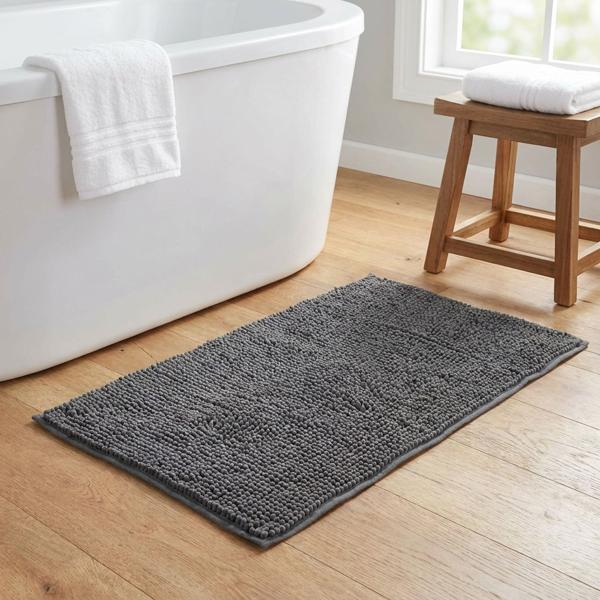 Fluffy bathroom rug 75x45 cm in anthracite – non‑slip shower mat with soft microfibre texture