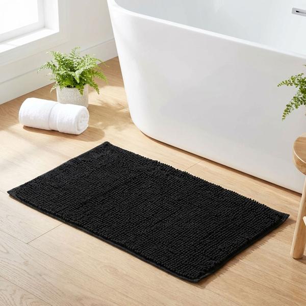 Fluffy bathroom rug 75 x 45 cm in black – non-slip shower mat with soft microfibre texture