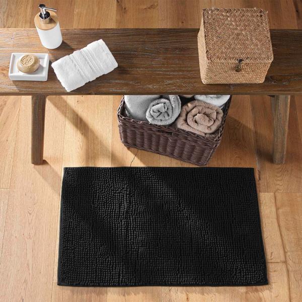 Fluffy bathroom rug 75 x 45 cm in black – non-slip shower mat with soft microfibre texture