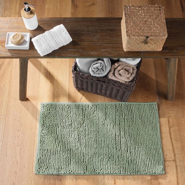 Fluffy bathroom rug 75x45 cm in green – non‑slip shower mat with soft microfibre texture