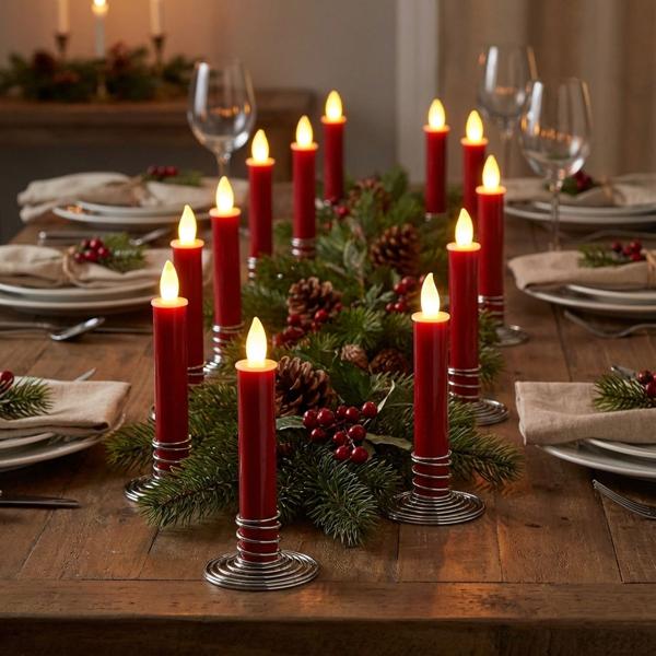 12 stimmungsvolle LED-Akku-Kerzen mit Edelstahl-Haltern, rot