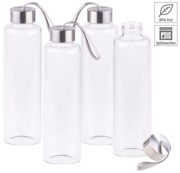 set of 4 drinking bottles made of borosilicate glass, 550 ml, dishwasher safe
