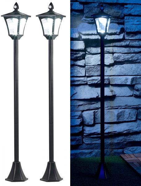 set di 2 lanterne solari a LED da giardino, sensore PIR/ crepuscolare, 100lm, 160 cm