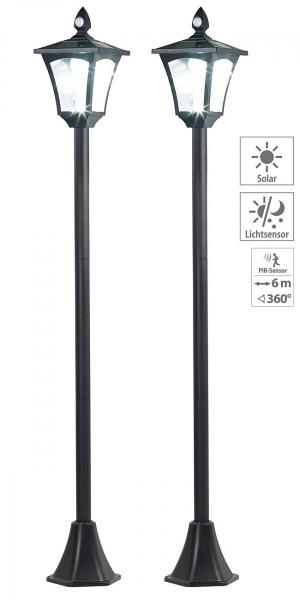 set di 2 lanterne solari a LED da giardino, sensore PIR/ crepuscolare, 100lm, 160 cm