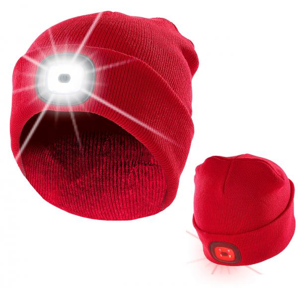 Red knitted hat with white (front) & red (back) LEDs