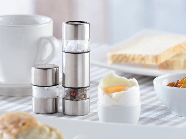 Mini macina sale/pepe, acciaio inox, macina ceramica, set di 3 pezzi