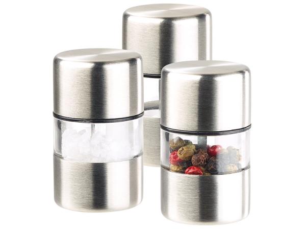 Mini macina sale/pepe, acciaio inox, macina ceramica, set di 3 pezzi