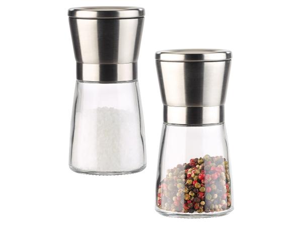 Manual spice mill with ceramic grinder, glass and stainless steel, set of 2