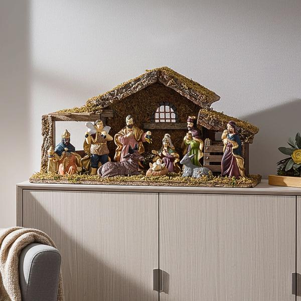 Handgefertigte Weihnachtskrippe aus Holz – Porzellanfiguren handbemalt mit Goldakzenten – Grosse Krippe 38x20,5x12 cm – Festliche Weihnachtsdekoration