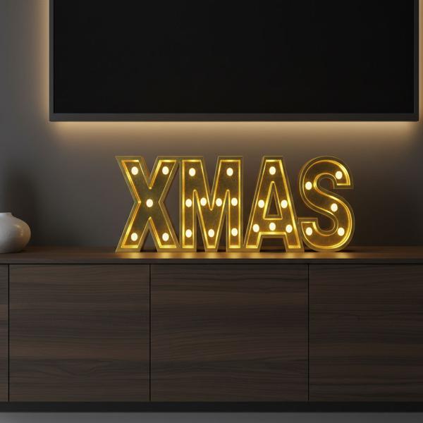 Scritta a LED “XMAS“ in legno e specchi con timer e funzionamento a batteria