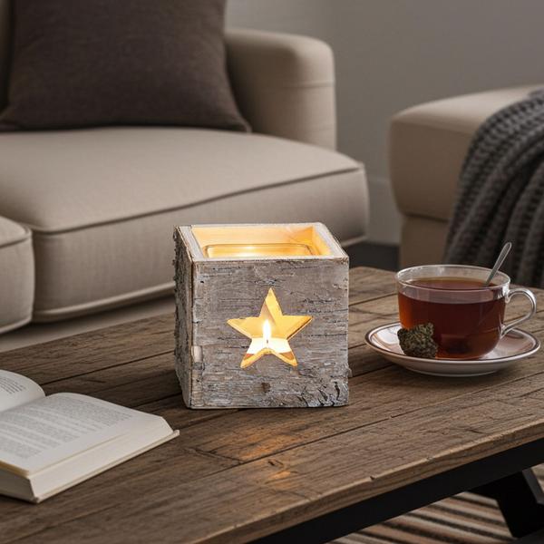 Windlicht aus Holz mit Stern-Motiv - Romantisches Sternen-Licht für gemütliche Abende - Herausnehmbares Teelicht-Glas, 95x90x95mm, 405g