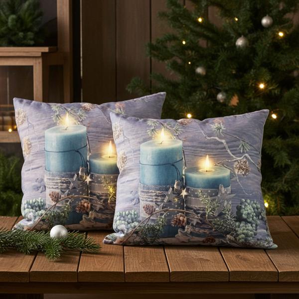 set of 2 decorative pillows, candle motif, 2 LEDs, battery operated, 45x45 cm