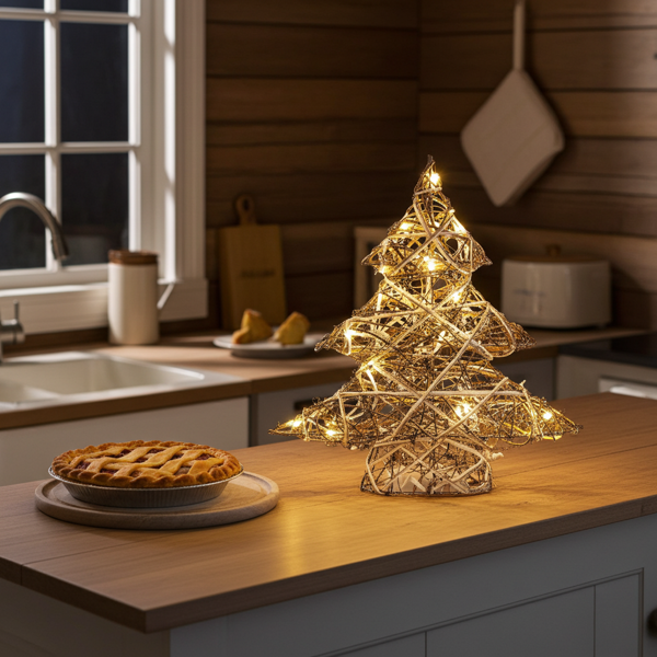Mini sapin de Noël Lunartec LED - Décoratif osier paillettes argentées - 20 LED blanc chaud, pile, 39x40x9cm - Table, étagère
