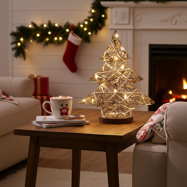 Mini sapin de Noël Lunartec LED - Décoratif osier paillettes argentées - 20 LED blanc chaud, pile, 39x40x9cm - Table, étagère