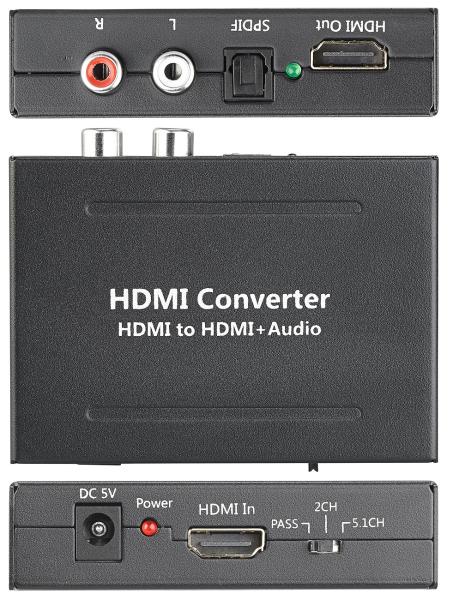HDMI audio converter to TOSLINK (optical, 5.1) and stereo RCA (2.0)