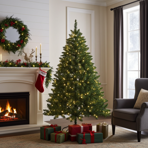 Artificial Christmas tree 180 cm – Green, 500 warm white LEDs, 750 PVC tips, metal stand, flame-retardant