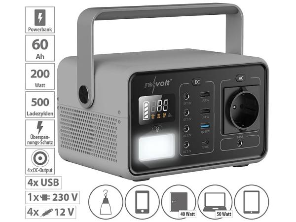 Powerstation & Solar-Generator, 222 Wh, 230 V, 200 W, LED-Lampe