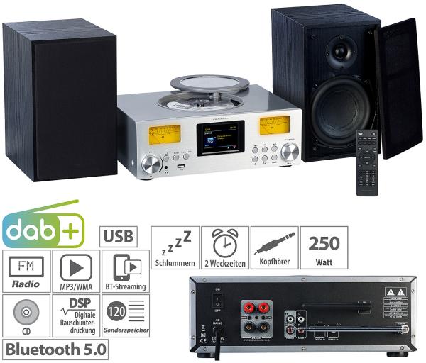 Micro-Stereoanlage: Webradio, DAB+, CD, Bluetooth, App, 300 Watt, silber