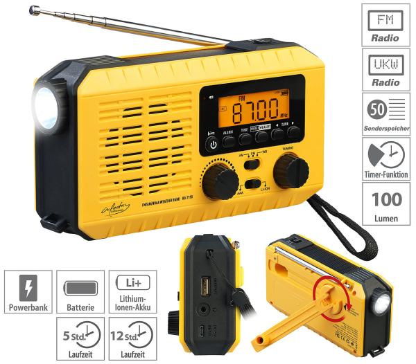 Solar- und Dynamo-Koffer-Radio, LED-Licht, SOS, Powerbank, LCD-Display