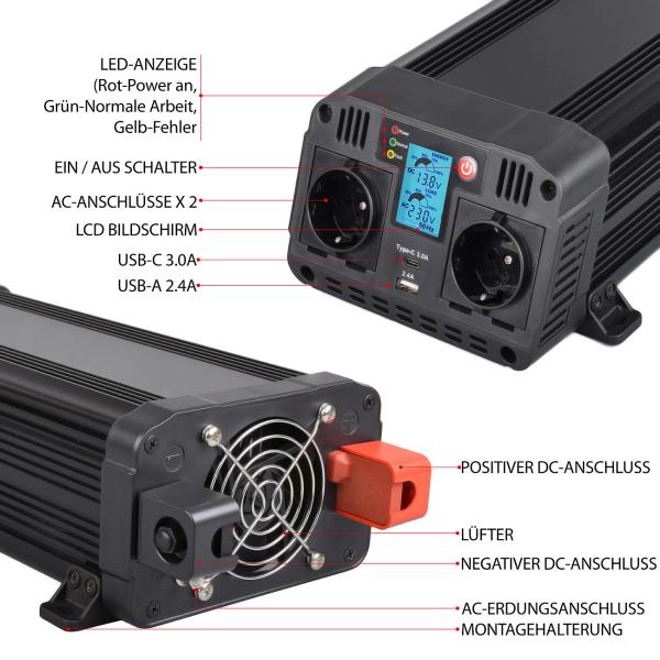 Car Inverter 12 to 230 Volt, USB Type A & C, 1.500 W, Sine Wave