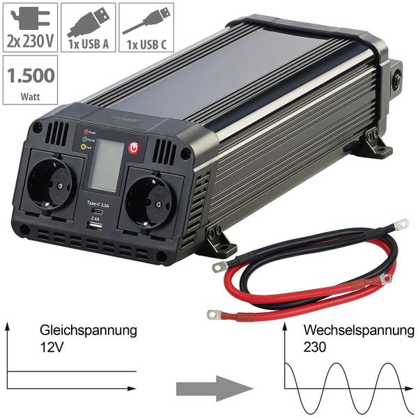 Car Inverter 12 to 230 Volt, USB Type A & C, 1.500 W, Sine Wave