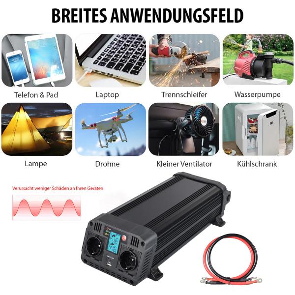 Car Inverter 12 to 230 Volt, USB Type A & C, 1.500 W, Sine Wave