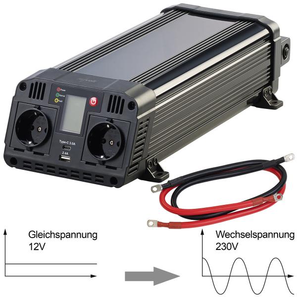 Car Inverter 12 to 230 Volt, USB Type A & C, 1.500 W, Sine Wave