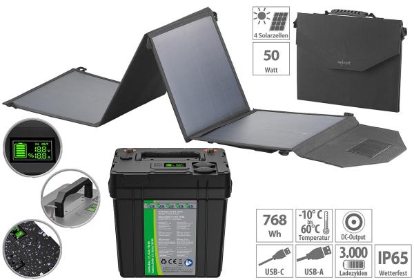 Batteria LiFePO4 con pannello solare pieghevole da 50 watt, 12 V, 60 Ah/ 768 Wh, DC, USB