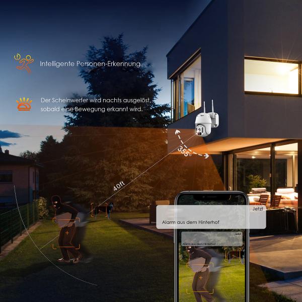 WLAN-Pan-Tilt-Sicherheitskamera mit 2K-Auflösung, Akkubetrieb und 25-W-Solarpanel
