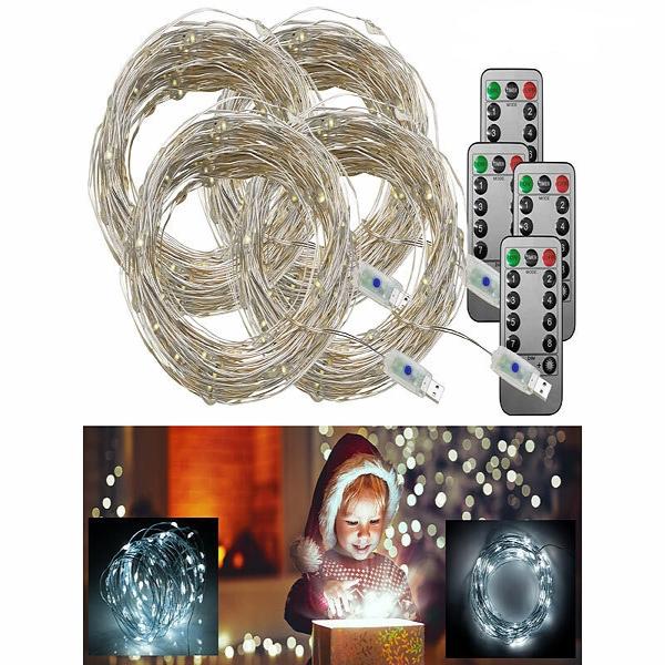 set di 4 cavi luminosi LED USB, 100 LED, 8 modalità, 10 m, bianco luce diurna