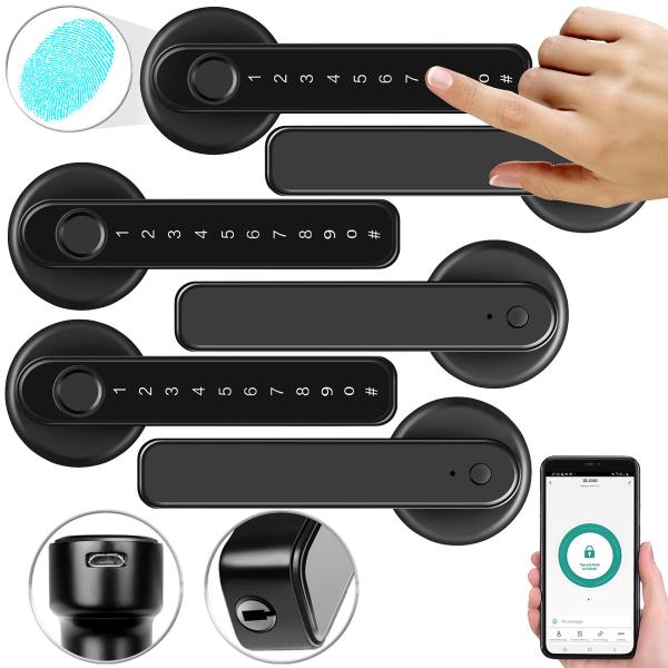 set of 3 Security Door Hardware with Fingerprint Scanner, PIN & App