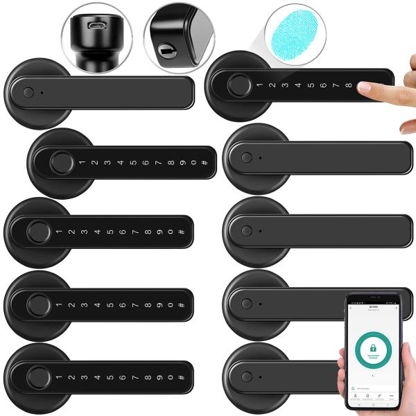 set of 5 Security Door Hardware with Fingerprint Scanner, PIN & App