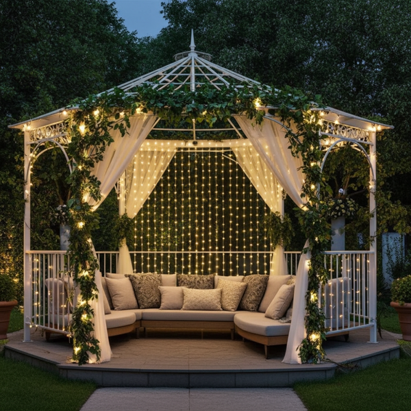 Outdoor LED light curtain, 300 LEDs, remote control, 3 x 3 m, warm white, IP44